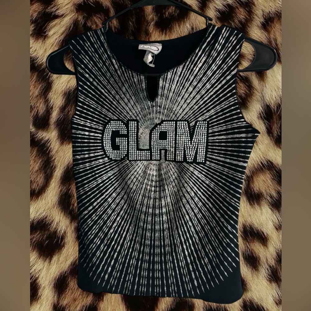 (SIZE S/M) Y2K Vintage Glam Radiant Black and Silver Tank Top